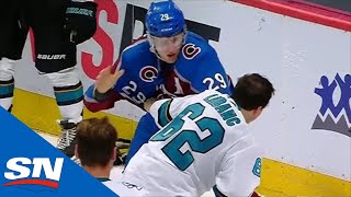 Nathan MacKinnon Fights Kevin Labanc After Samuel Girard Gets Hit Into Boards [upl. by Matthieu]