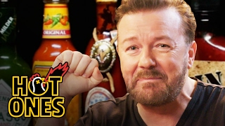 Ricky Gervais Pits His Mild British Palate Against Spicy Wings  Hot Ones [upl. by Rockafellow]