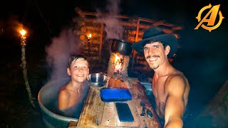 Father Son Overnight Camping In Bushcraft Log Cabin  Primitive Clay Stove Build [upl. by Quar]