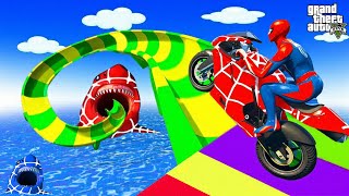 الأبطال الخارقين على القضبان دوامة قمع جسر ⛳🩼SPIDER MANon Motorcycle in Spiral Bridge Stunt Rid [upl. by Ahselef392]