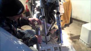 Installing Front Fork Tubes on Triumph Trident T160 [upl. by Atalie278]