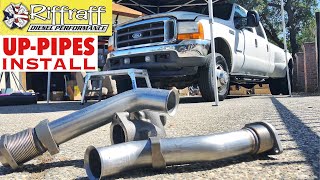 2001 F350 73  RiffRaff UpPipes Install  Stock up pipes leaking and falling apart JUNK SP [upl. by Nnairb]