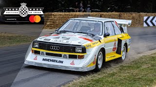 Michele Mouton hurls Group B Audi Quattro S2 up Goodwood hill [upl. by Nhguavaj23]