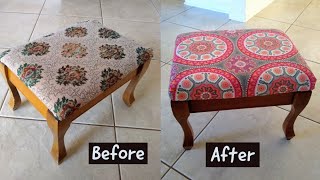 How to reupholster a simple footstool  Foot Stool Makeover [upl. by Winton]