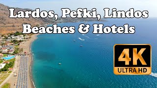 Lardos Lindos Pefki beaches and hotels from Drone in 4K Rhodes Greece [upl. by Rombert]