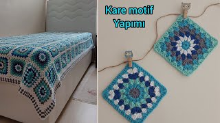 PART 1  Tığ işi motifli örgü battaniye yatak örtüsü modellerikare motif granyy squara [upl. by Ynatterb]