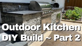 Building an Outdoor Kitchen PART 2  DIY Build Finishing Stone Counter amp Lighting [upl. by Schwitzer]