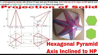 Projection of Solids Hexagonal pyramid  Axis Inclined to HP [upl. by Ahsilra]