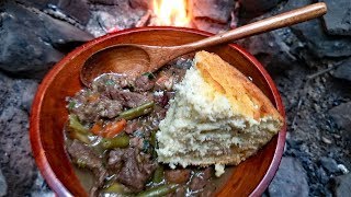 Primitive Cooking  Campfire Beef Stew amp Corn Bread Recipe  Survival Cooking [upl. by Cordy]