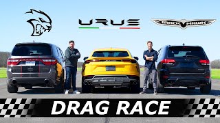 Dodge Durango Hellcat vs Lamborghini Urus vs Jeep Trackhawk  DRAG amp ROLL RACE [upl. by Nahsin]